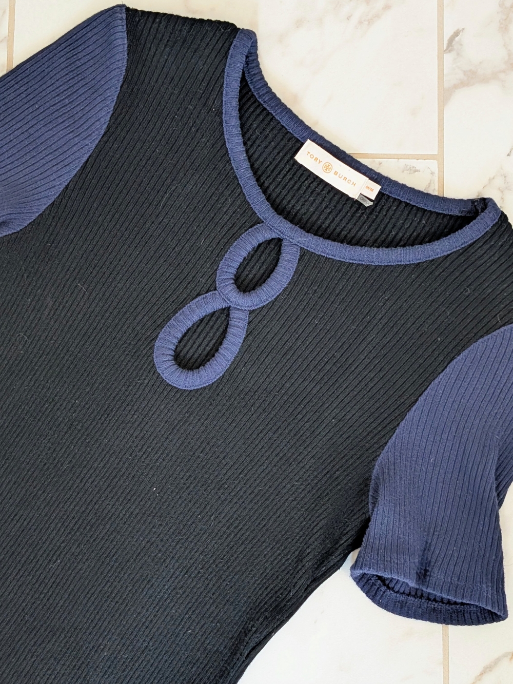 Tory Burch Black and Navy Ribbed Short Sleeve Top with Keyhole Detail M